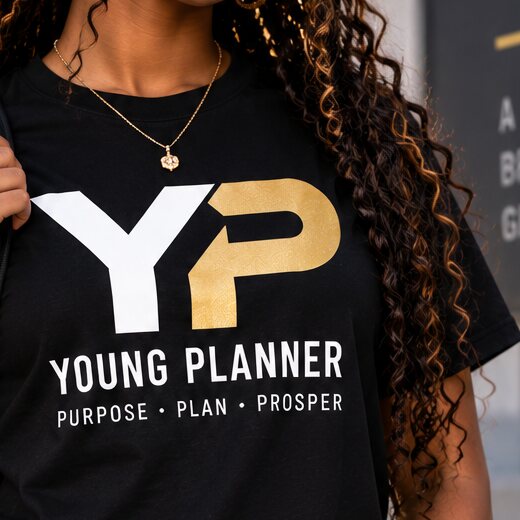Close detail of the YP | Young Planner chest print