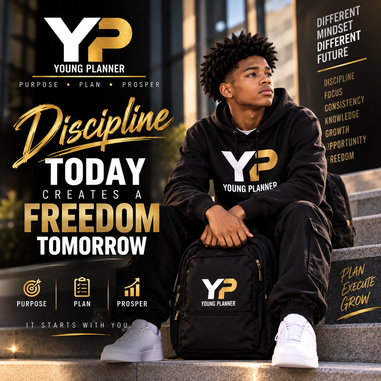 Young Planner campaign frame — discipline today creates a freedom tomorrow