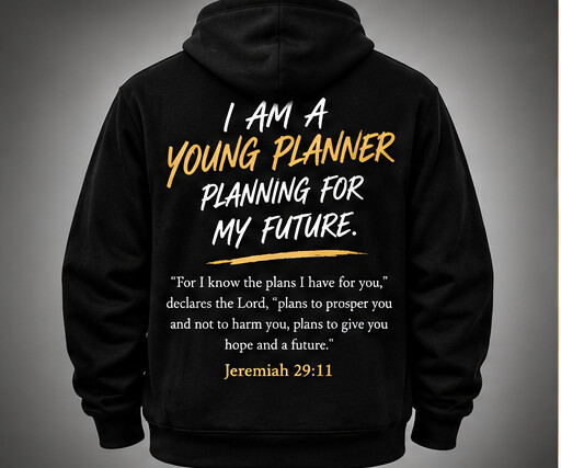 Back of the black YP hoodie reading I am a Young Planner planning for my future, with Jeremiah 29:11
