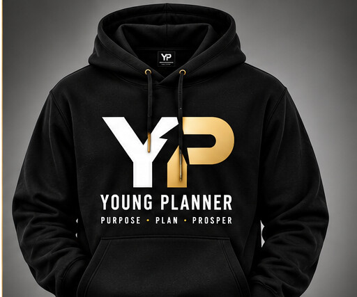 Front of the black YP Young Planner hoodie with the YP chest logo