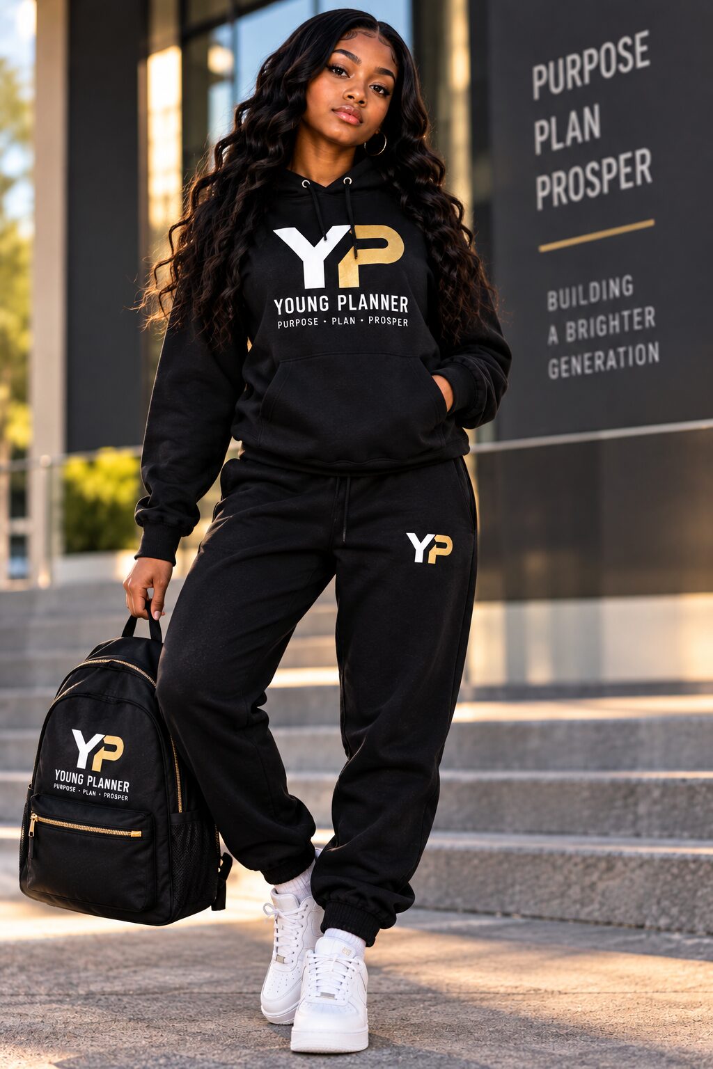 A Young Planner wearing the full YP sweatset