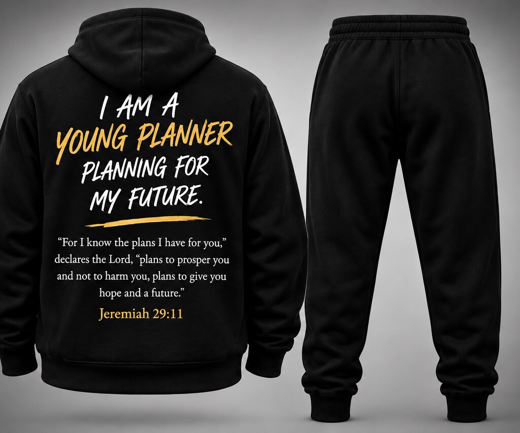 Back of the black YP Young Planner sweatsuit showing the Young Planner back design