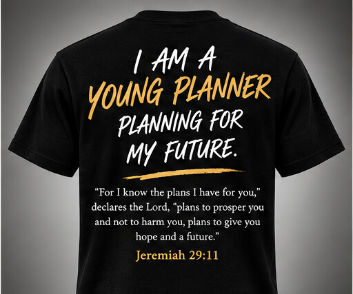 Back of the black YP T-shirt reading I am a Young Planner planning for my future, with Jeremiah 29:11